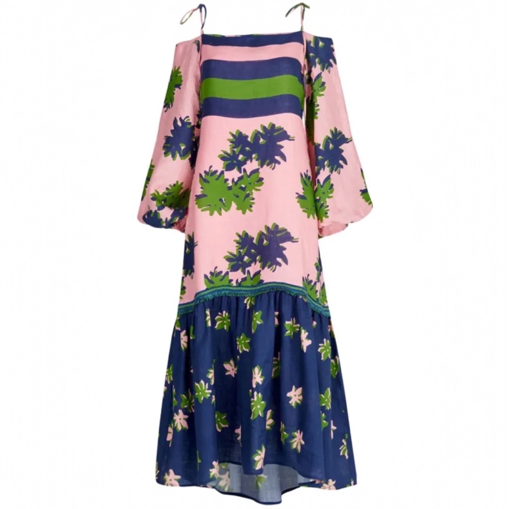 Silvia Tcherassi Oristano Off-Shoulder Linen Dress Navy Pink Blossom Floral Midi - Picture 2 of 15